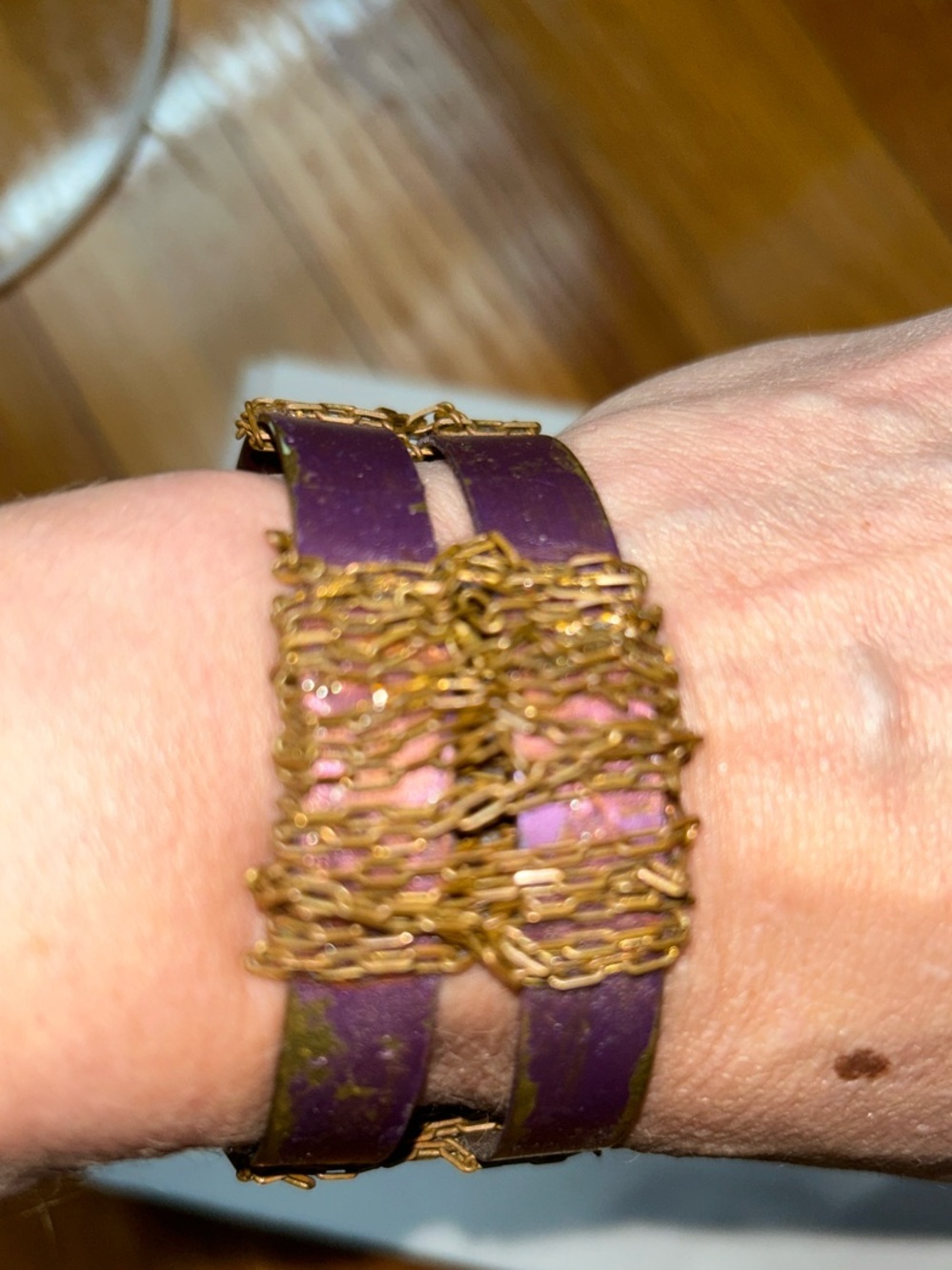 Purple copper cuff Bracelet with copper Chain Accent